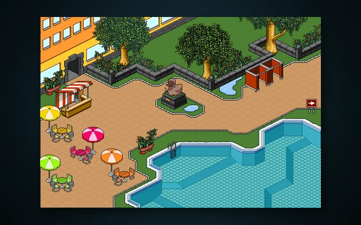 Het Lido-zwembad met parasols en een terras